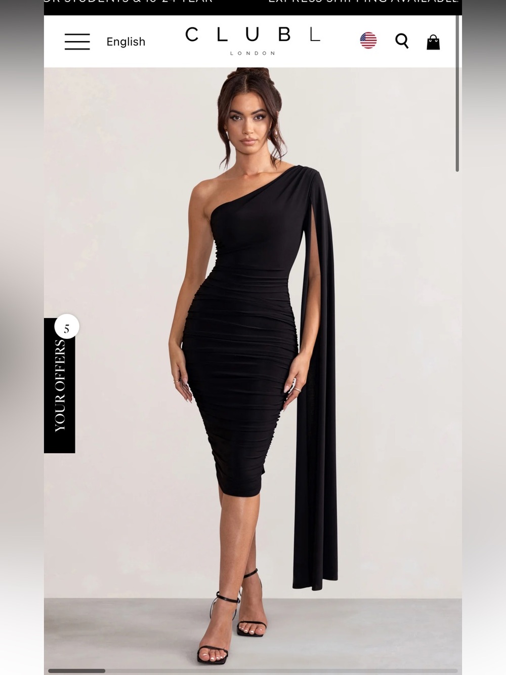 Club L London One-Shoulder Black Draped Ruched Midi Dress